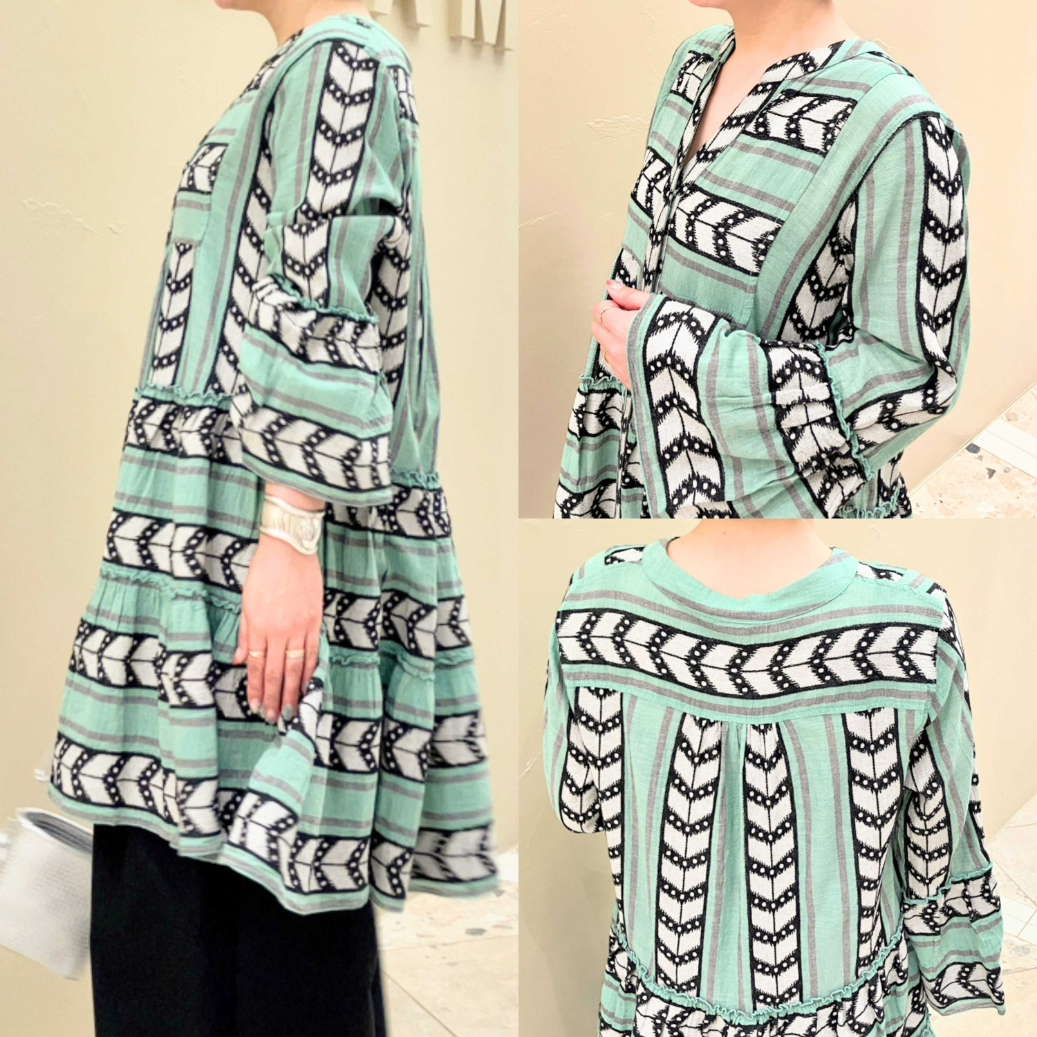 〈Demi-Luxe BEAMS〉Devotion TWINS/別注ELLAグリーンジャカードチュニックワンピース