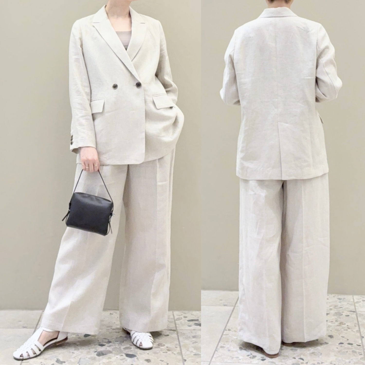 〈Demi-Luxe BEAMS〉ダブルブレストリネンジャケット&リネンタブ付きワイドパンツ